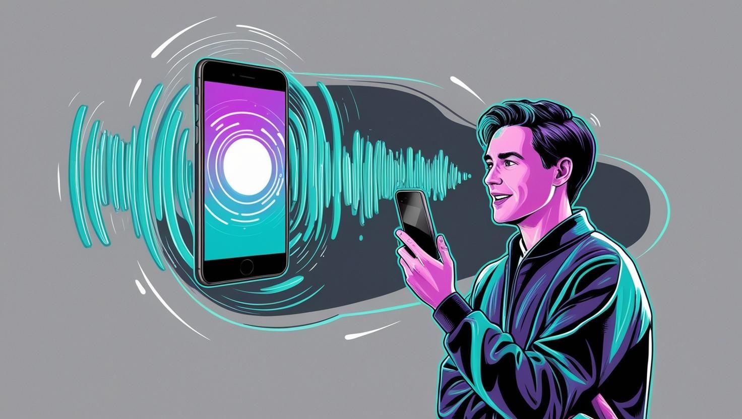 A user speaking to an AI assistant on a smartphone, with a futuristic soundwave effect.