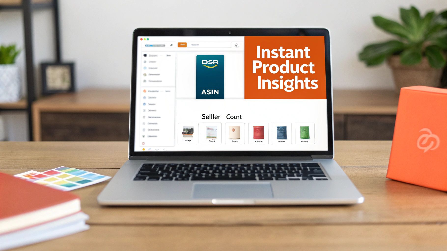 A laptop on a wooden desk displays 'Instant Product Insights' software with various product data.