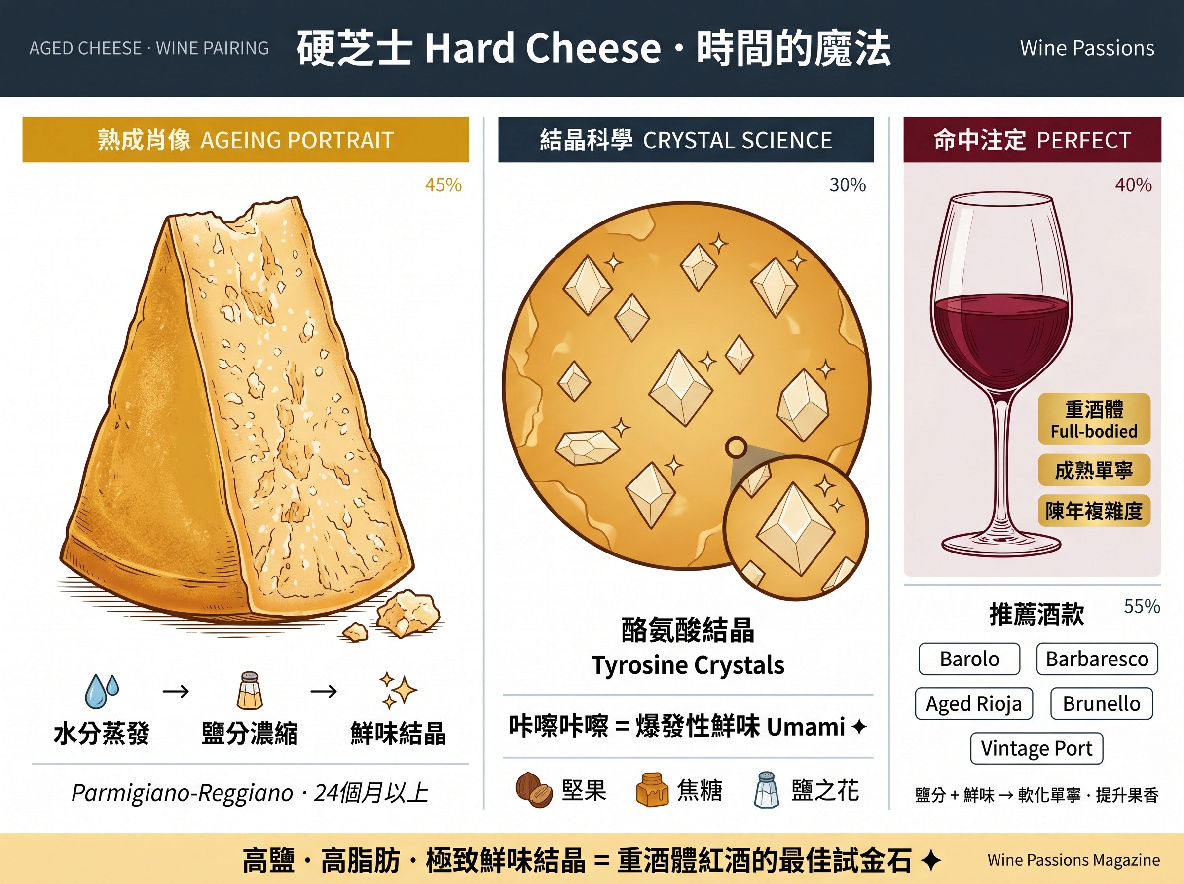 1. 硬芝士 (Hard Cheese) 的魅力：水分流失帶來的濃縮鹽分與鮮味結晶