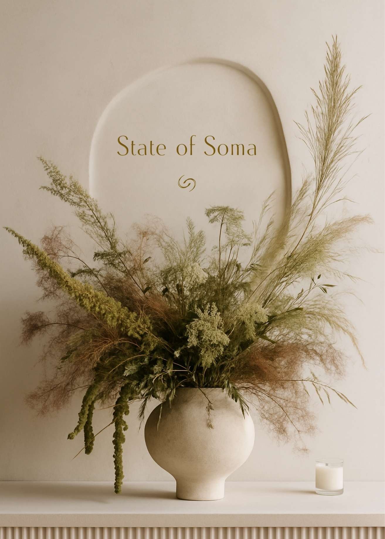 Earthy floral arrangement at the State of Soma studio with logo, reflecting the brand’s holistic aesthetic and natural wellness focus.