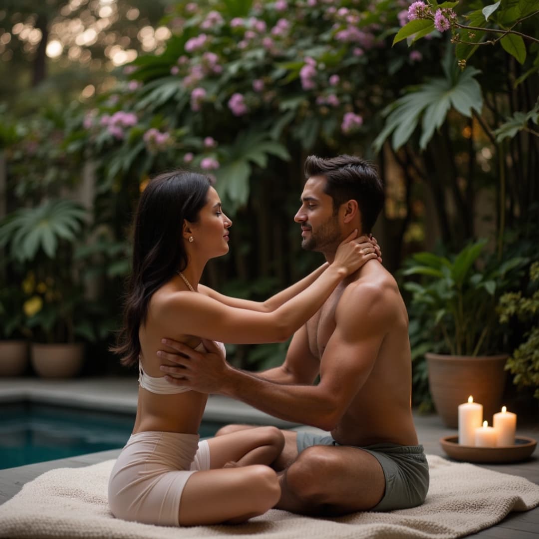 ein paar macht zusammen yoga, beide haben wenig klamotten an