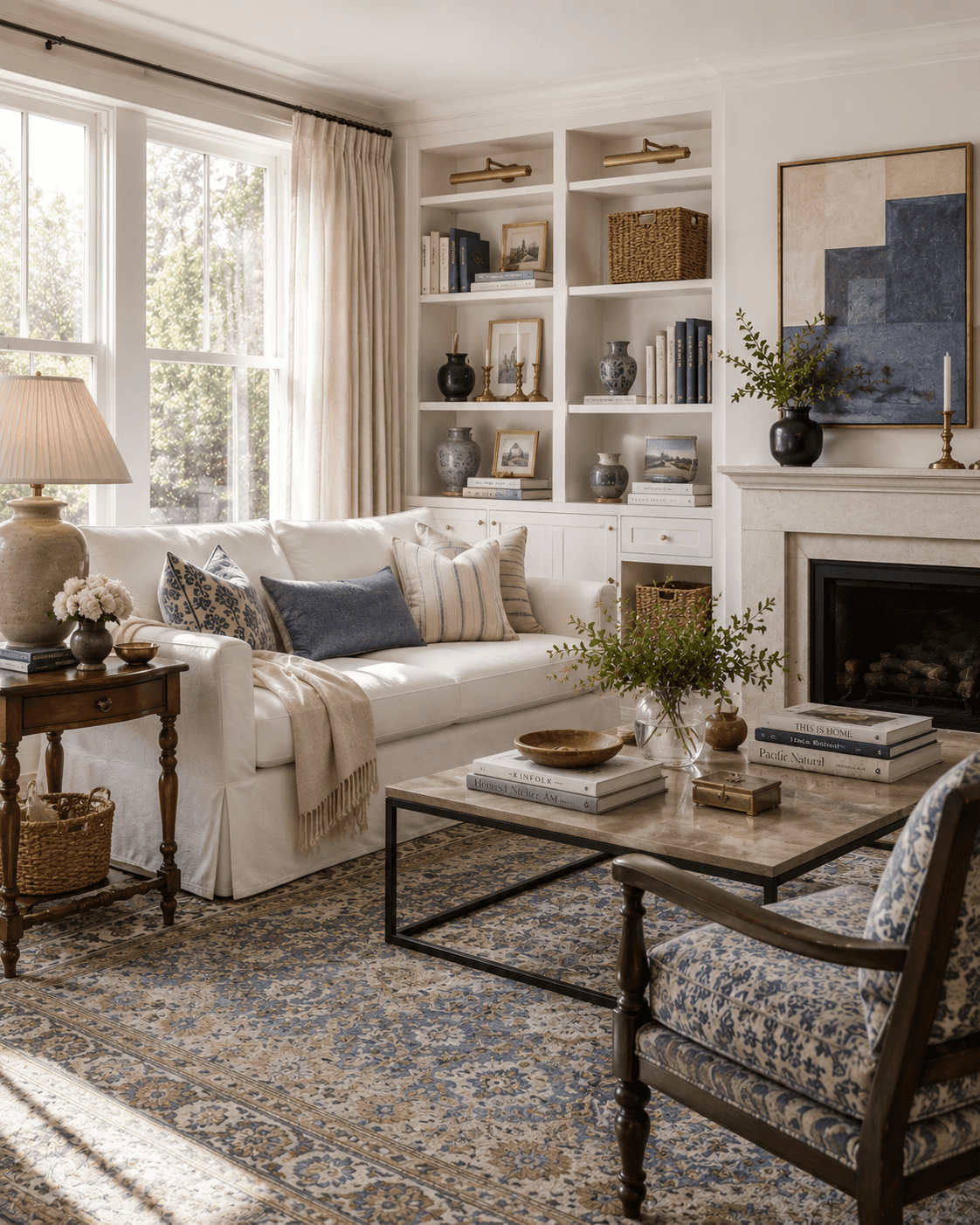 Bright and elegant living room featuring a white sofa, blue and beige patterned rug, built-in bookshelves, decorative vases, framed artwork, and a marble fireplace. Large windows with cream curtains fill the cozy home interior with natural light.