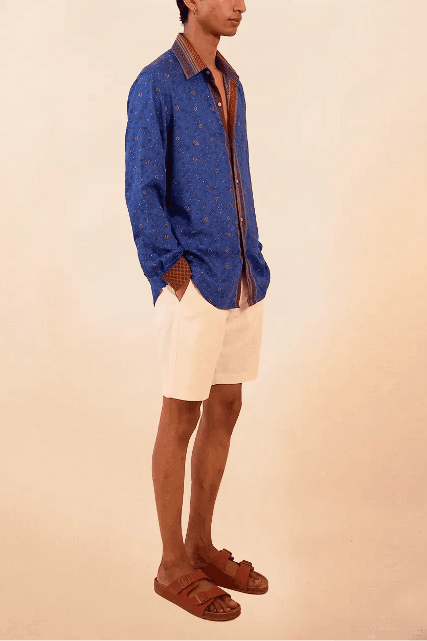 LAVYA III is a one-of-a-kind full-sleeve shirt, crafted from vintage fabric in a bold multicolour butterfly print.