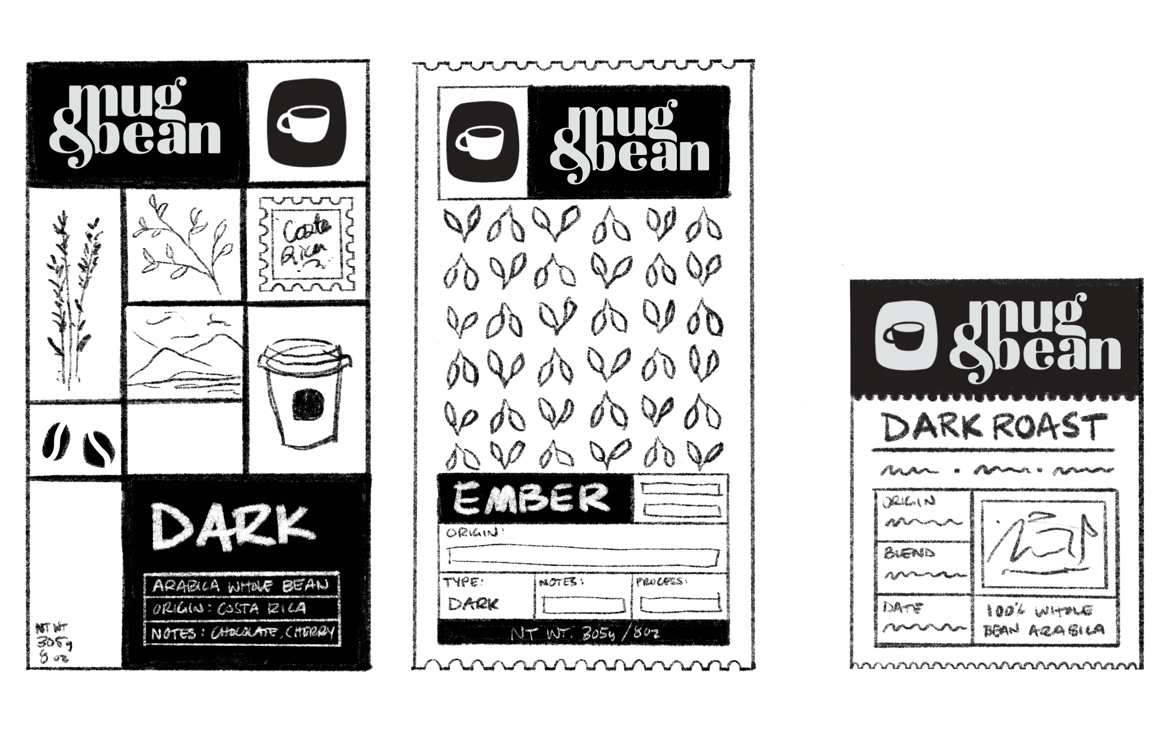 Sketches for the Mug & Bean coffee bag labels.