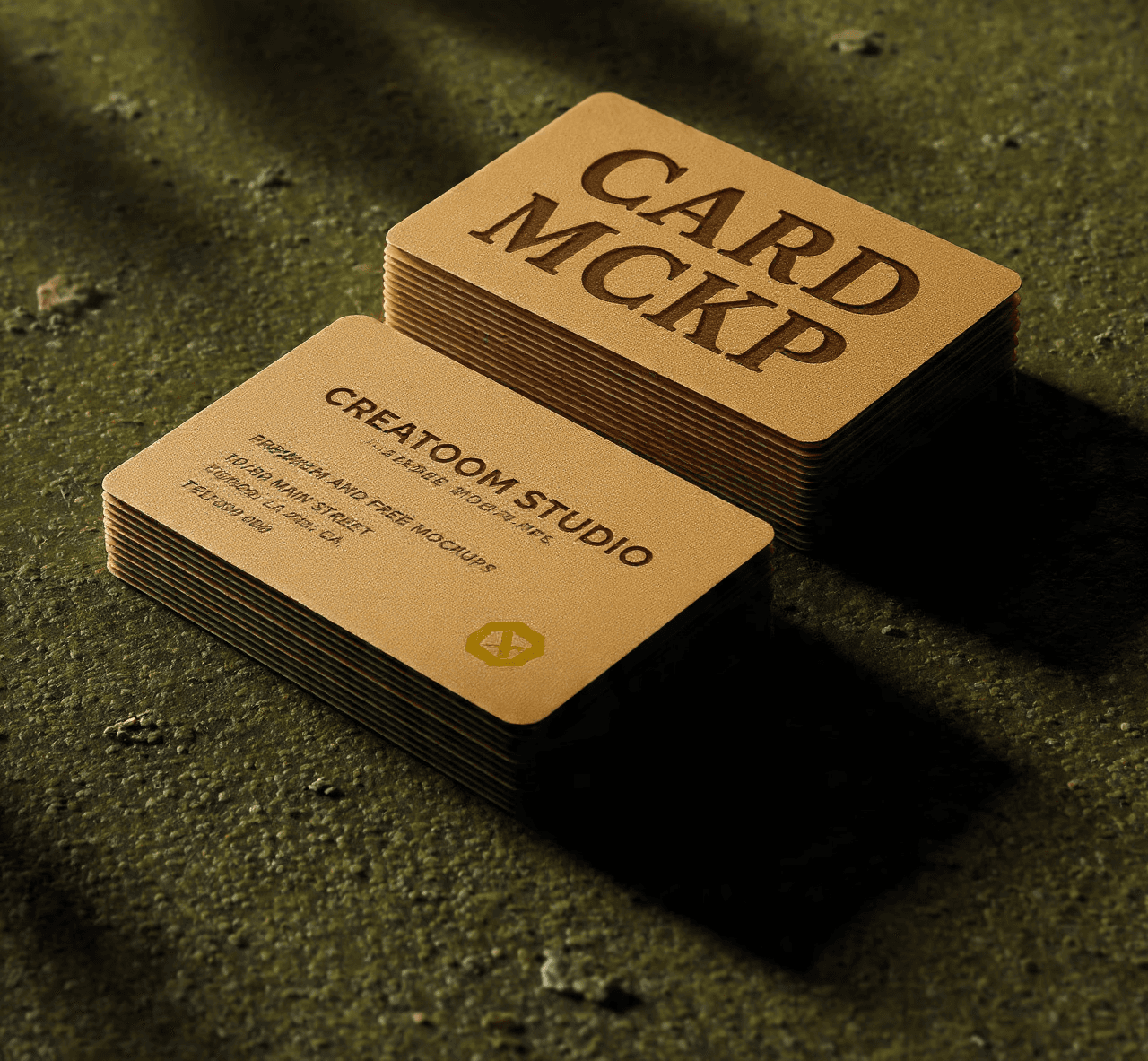 Two stacks of business cards with rounded corners on a rough dark surface.