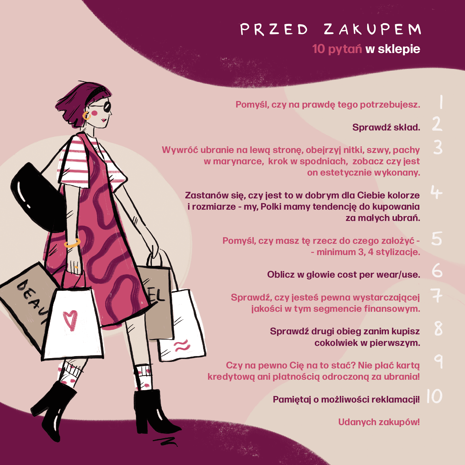 Grafika z poradnikiem zakupowym 'Przed zakupem – 10 pytań do sklepu', przedstawiająca kobietę z zakupami.