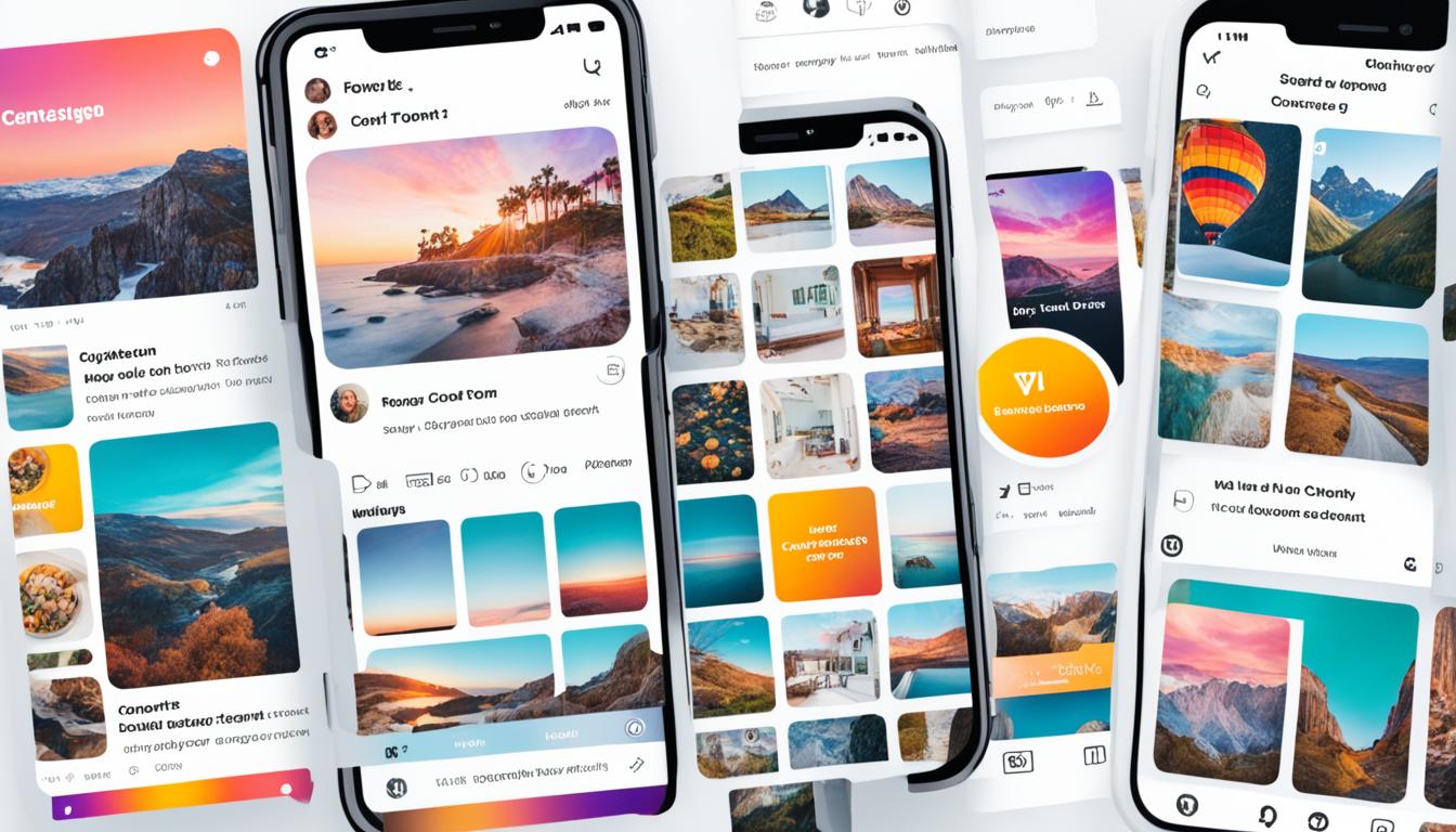 Show a variety of content formats on Instagram, such as a carousel post, a Reel, a IGTV video, a Boomerang, and a Story highlight. Make sure to include different types of content, such as photos, videos, behind-the-scenes shots, user-generated content, and inspirational quotes. Use bright and eye-catching colors to make the image pop.