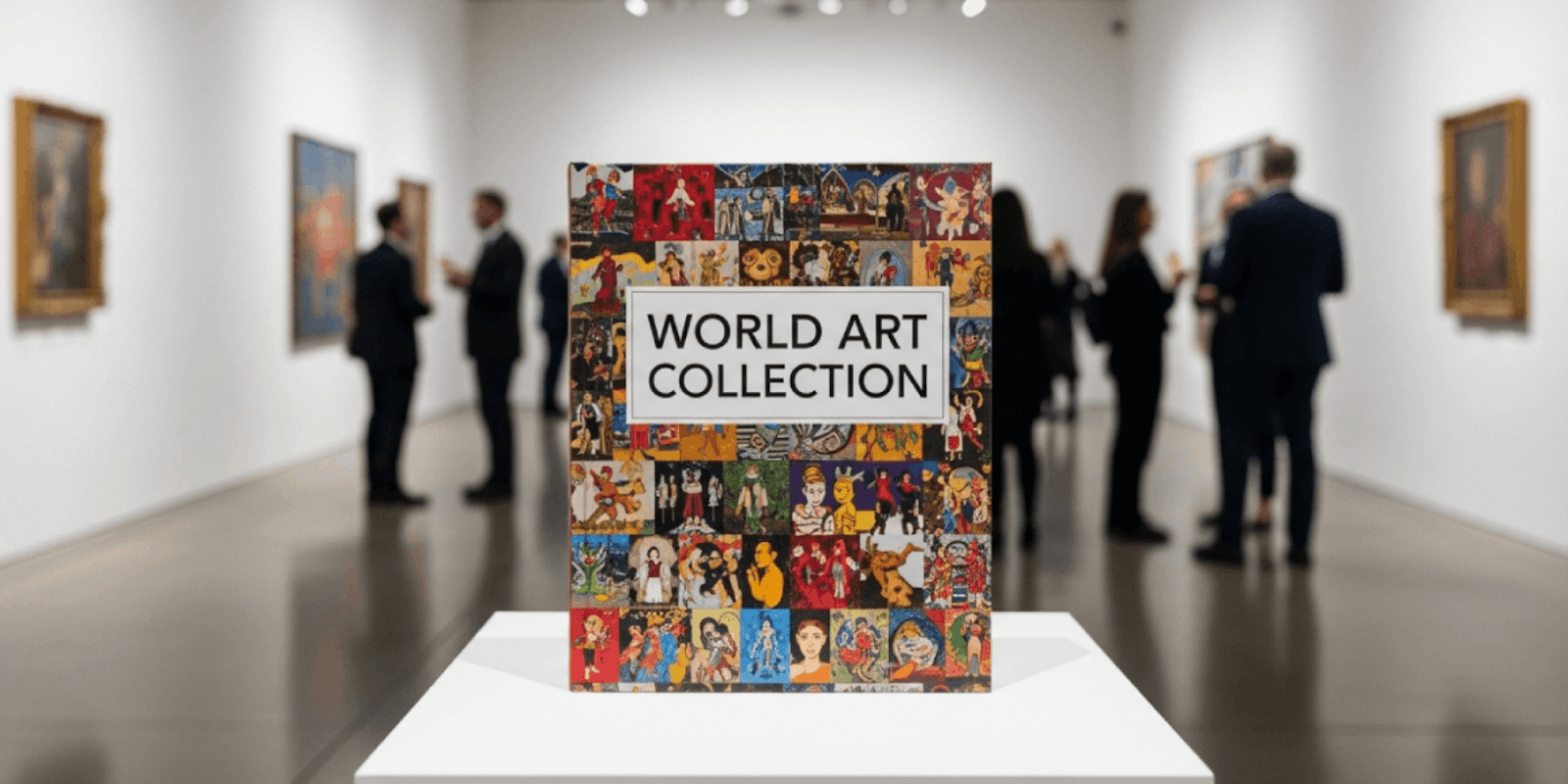 World Art Collection book displayed at an art gallery, showcasing contemporary art and connecting over 5,000 global artists.