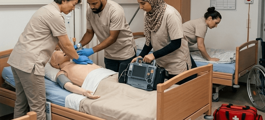 Personen bei einer praktischen Übung mit einem Übungspatienten