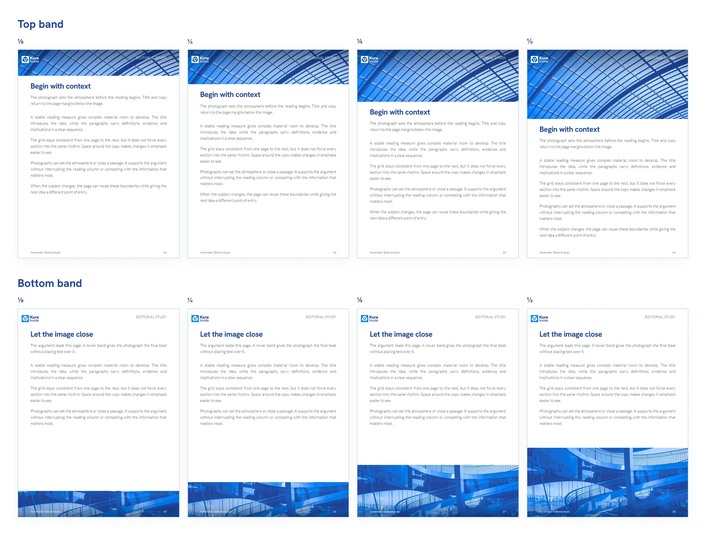 Eight KoreInside page mockups with official logos demonstrate top and bottom photographic bands at one-eighth, one-sixth, one-quarter and one-third of page height.