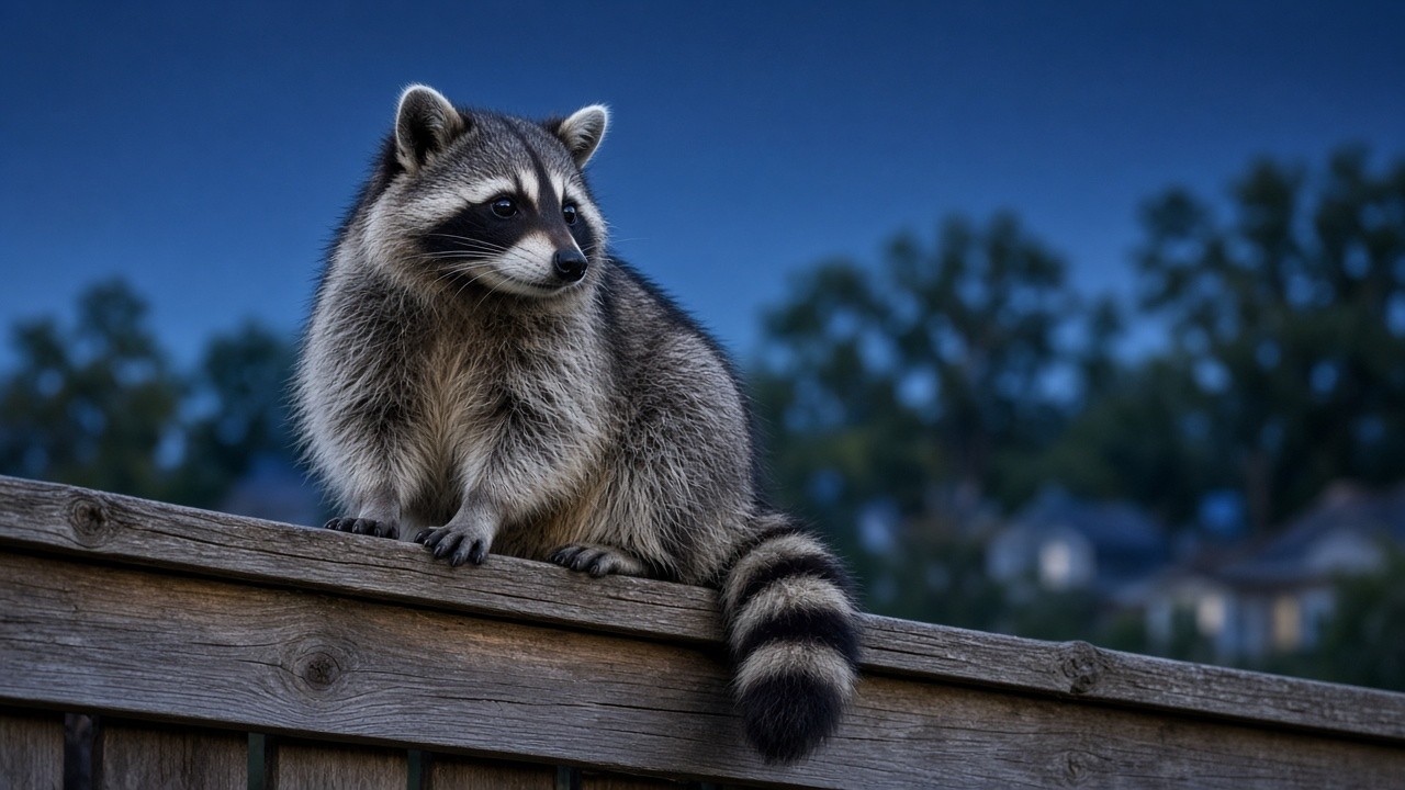 Raccoon on a backyard fence, wildlife control in McKinney, TX