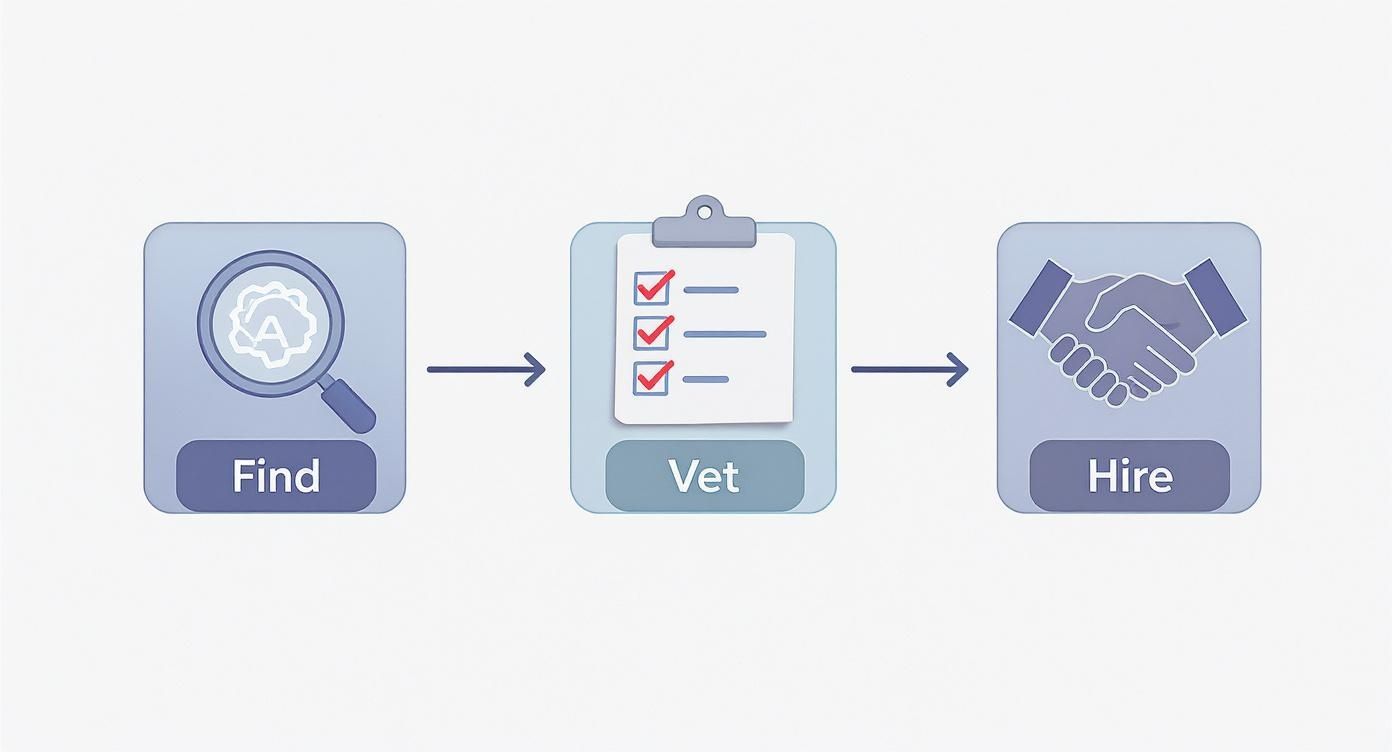 A three-step hiring process diagram: Find talent, Vet candidates, then Hire them.