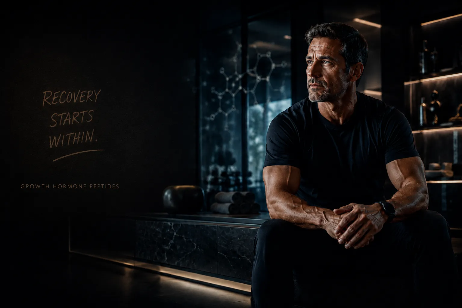 Man sitting with hands crossed in from of growth hormones quote