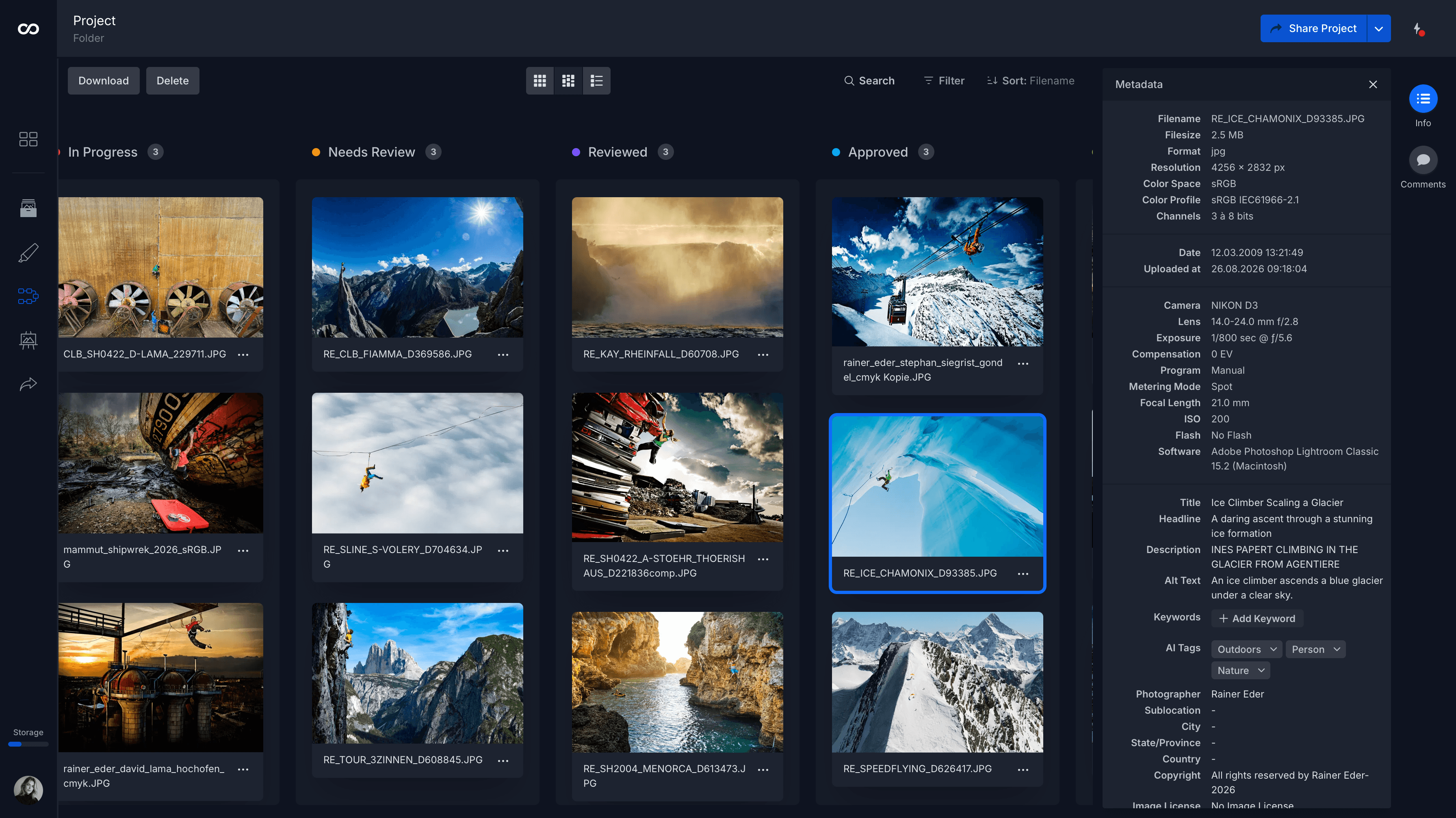 The moodcase workflow board for a photographer's project. The ice climber photograph sits in the Approved column, selected, with its metadata panel open beside it.
