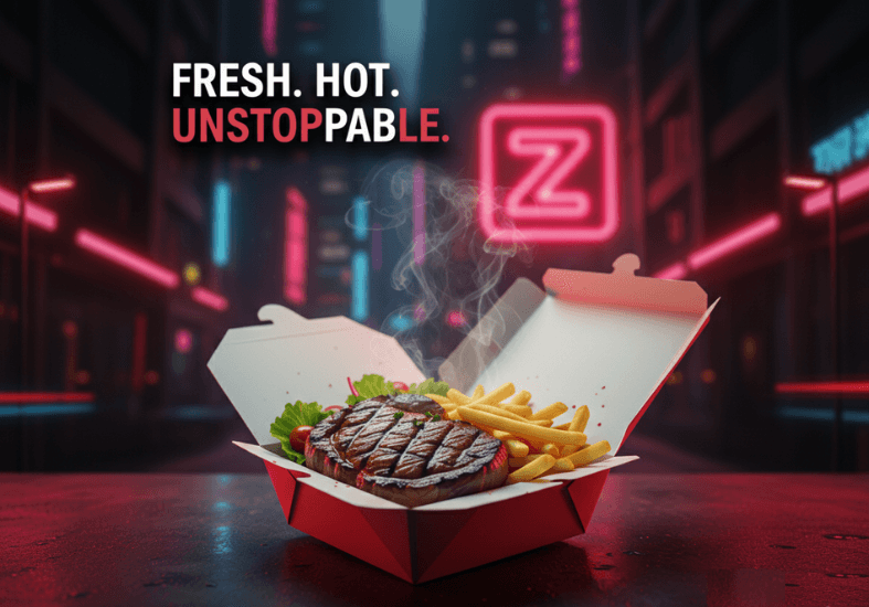 AI-generated ad visual for a food product with neon lighting, example of AI content for restaurants.