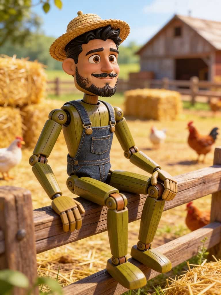 Wooden puppet, farm style, 3D, rustic, playful, sunlit scene