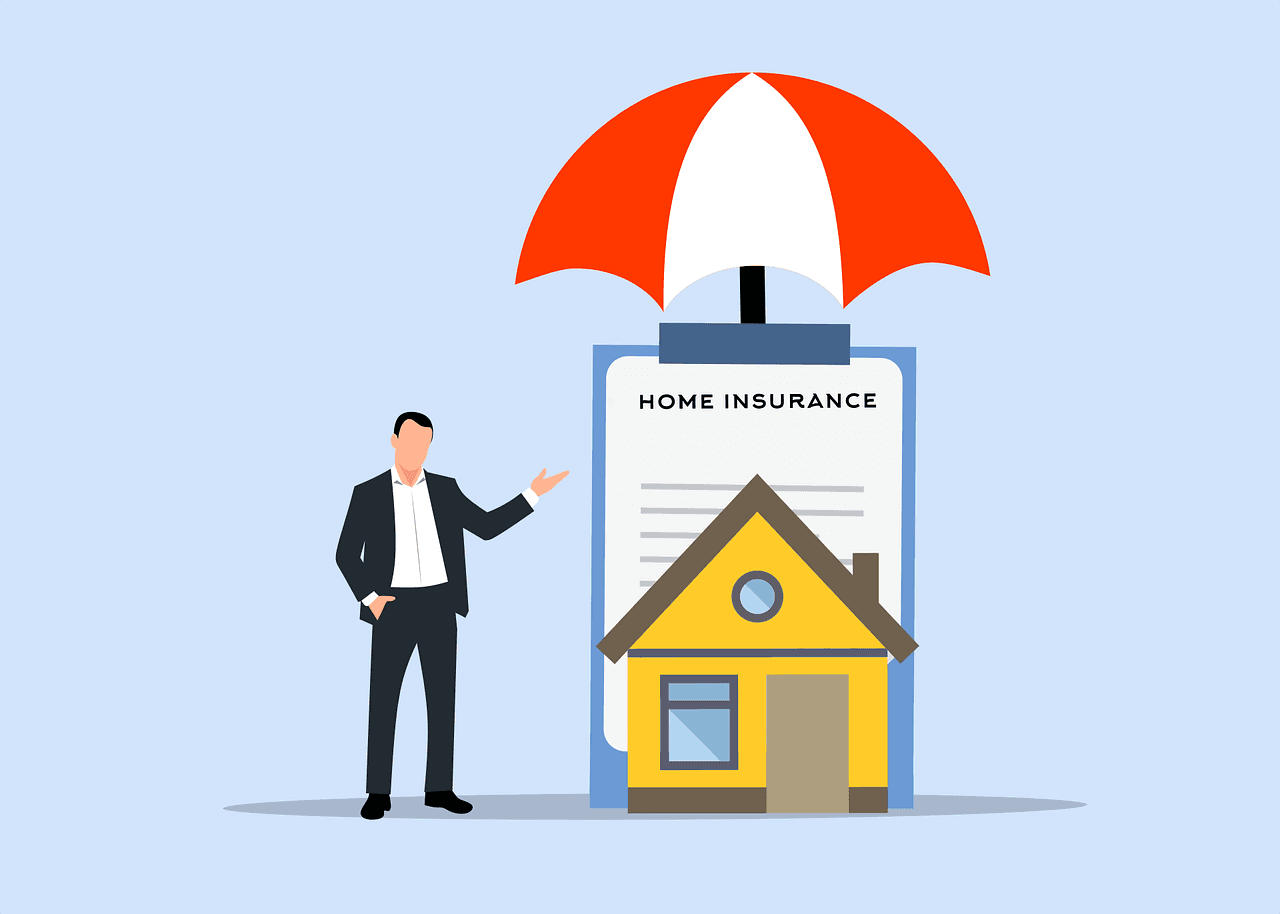 Color drawing of real estate agent standing next to a single fmaily home with a paper policy on a clipboard behind the home and covered by an umbrella.