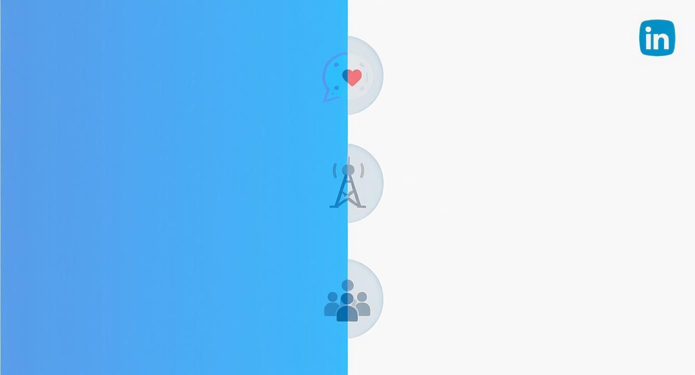 LinkedIn social media platform interface showing connection icons, messaging, broadcasting, and networking features