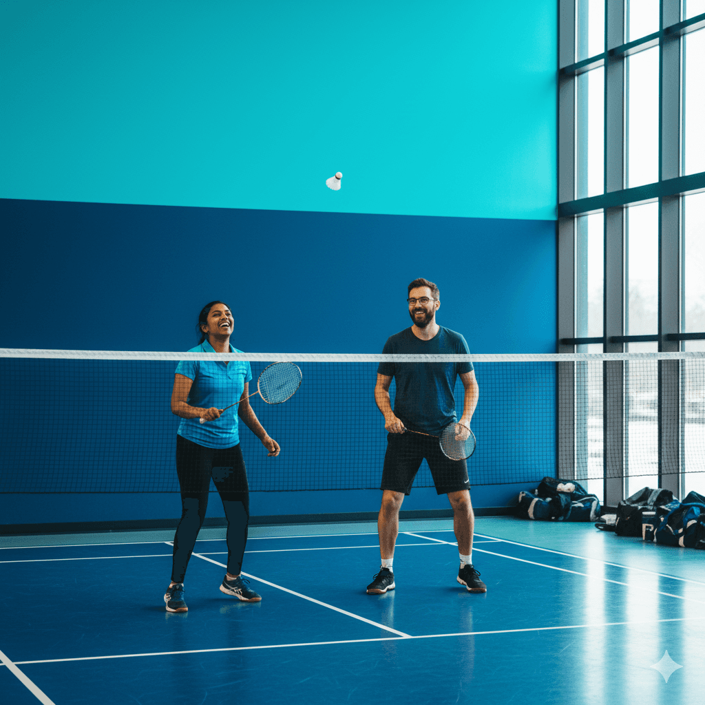 Deux personnes jouant au badminton dans un grand gymnase lumineux.