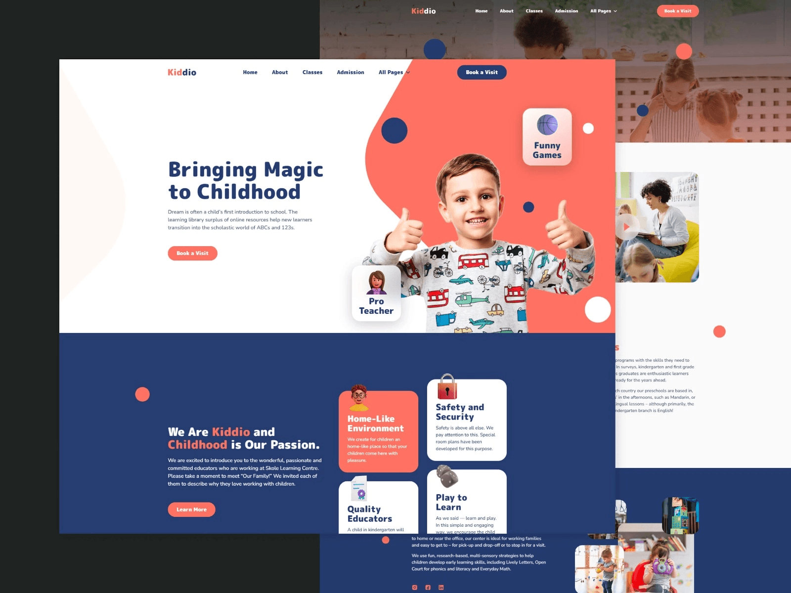 Kiddio website design featuring a smiling boy with thumbs up and colorful feature cards.