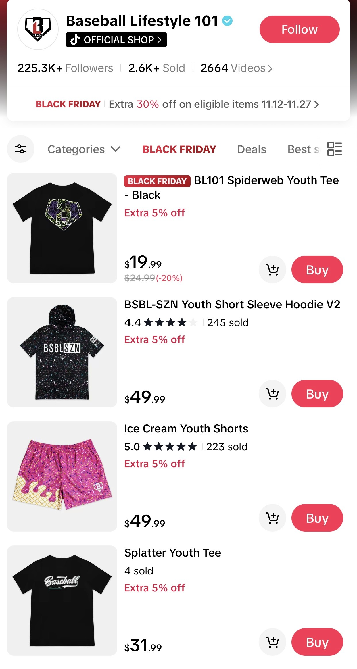 Baseball Lifestyle 101 shop page in TikTok Shop