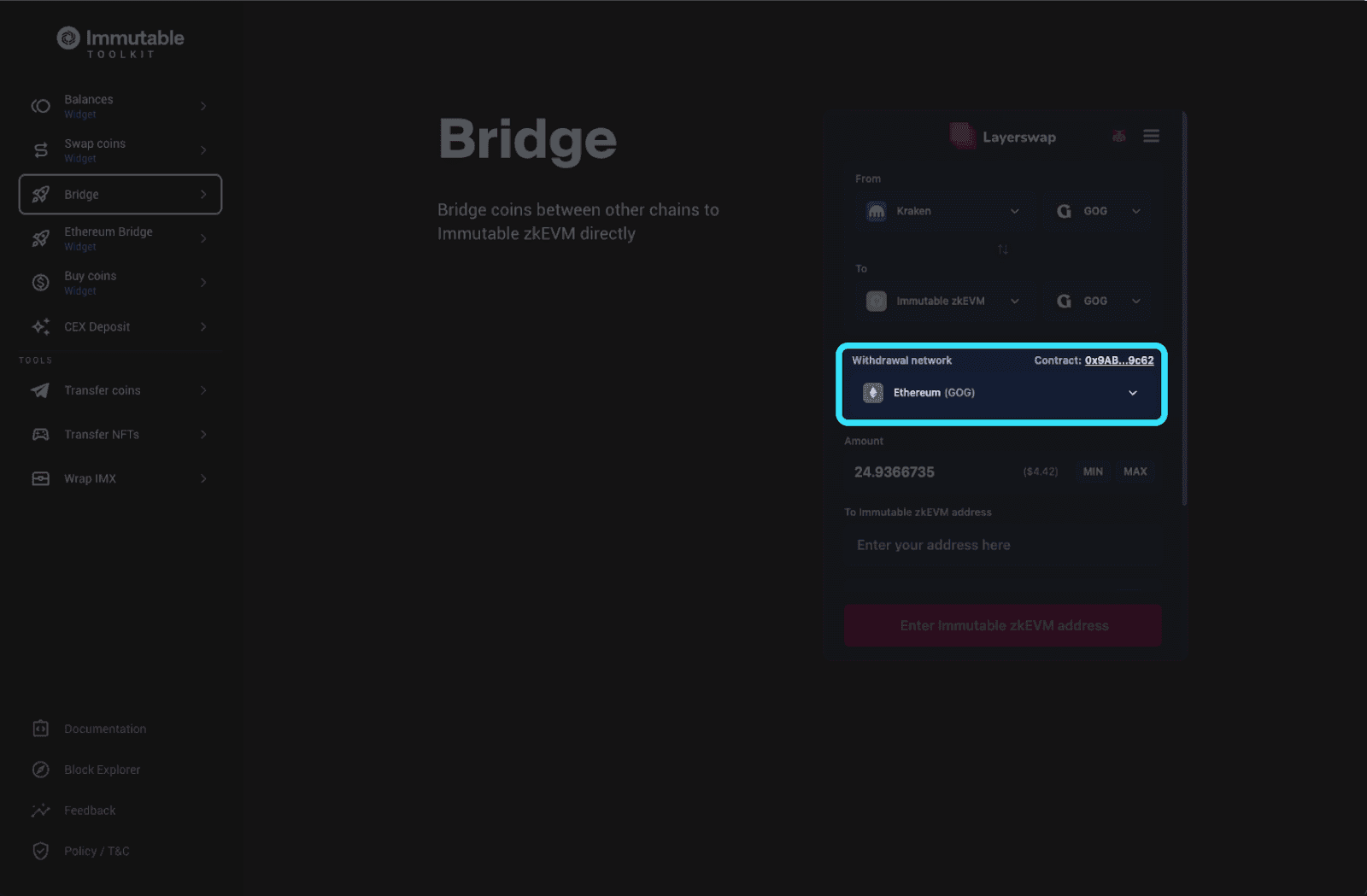 Ethereum selection screen