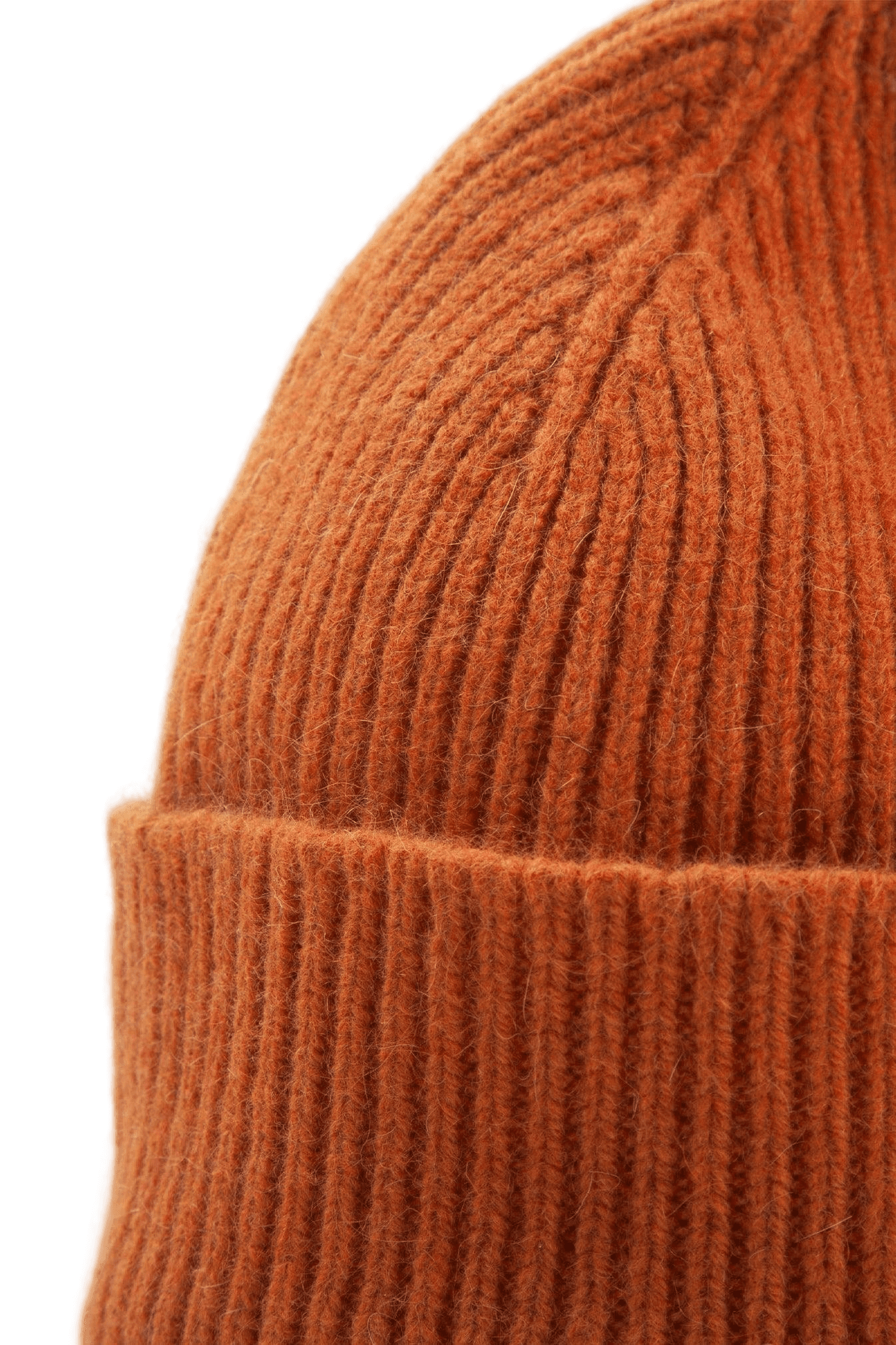 close up left side view of an orange beanie