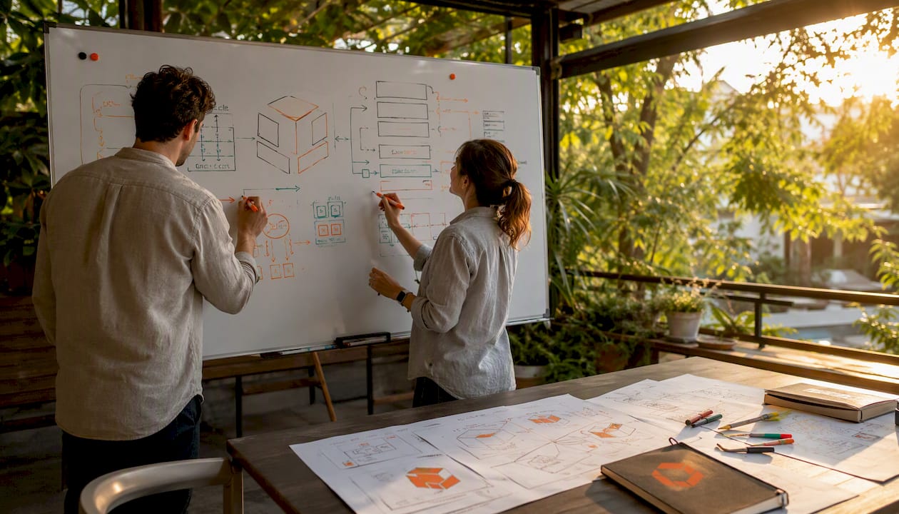 Hands sketching API architecture patterns on whiteboard