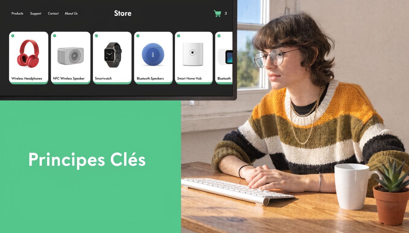 Une personne utilisant un ordinateur affichant une boutique en ligne d'appareils électroniques sur un écran moderne.