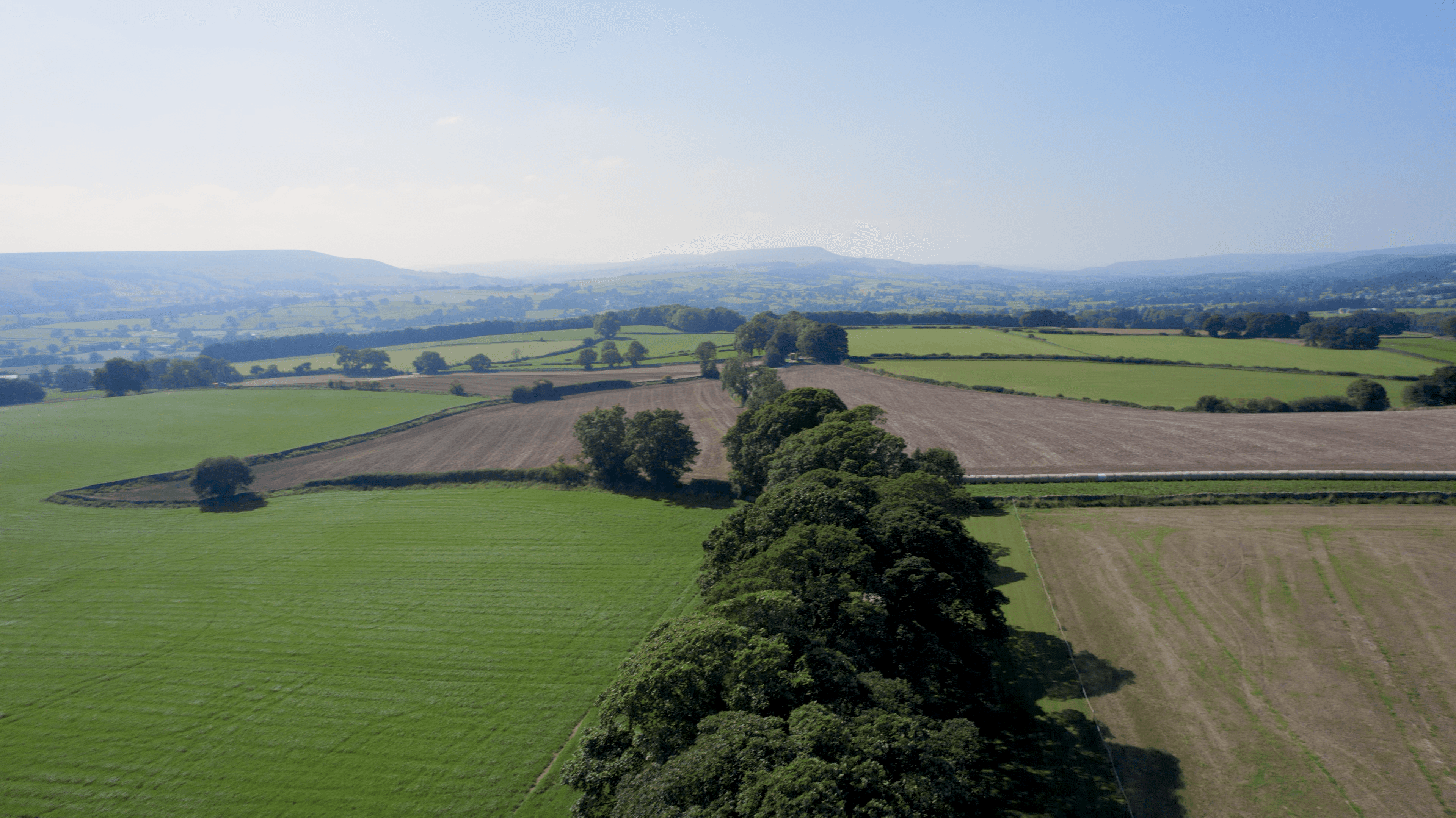 A drone shot of the green fields with a view of the Yorkshire Dales.