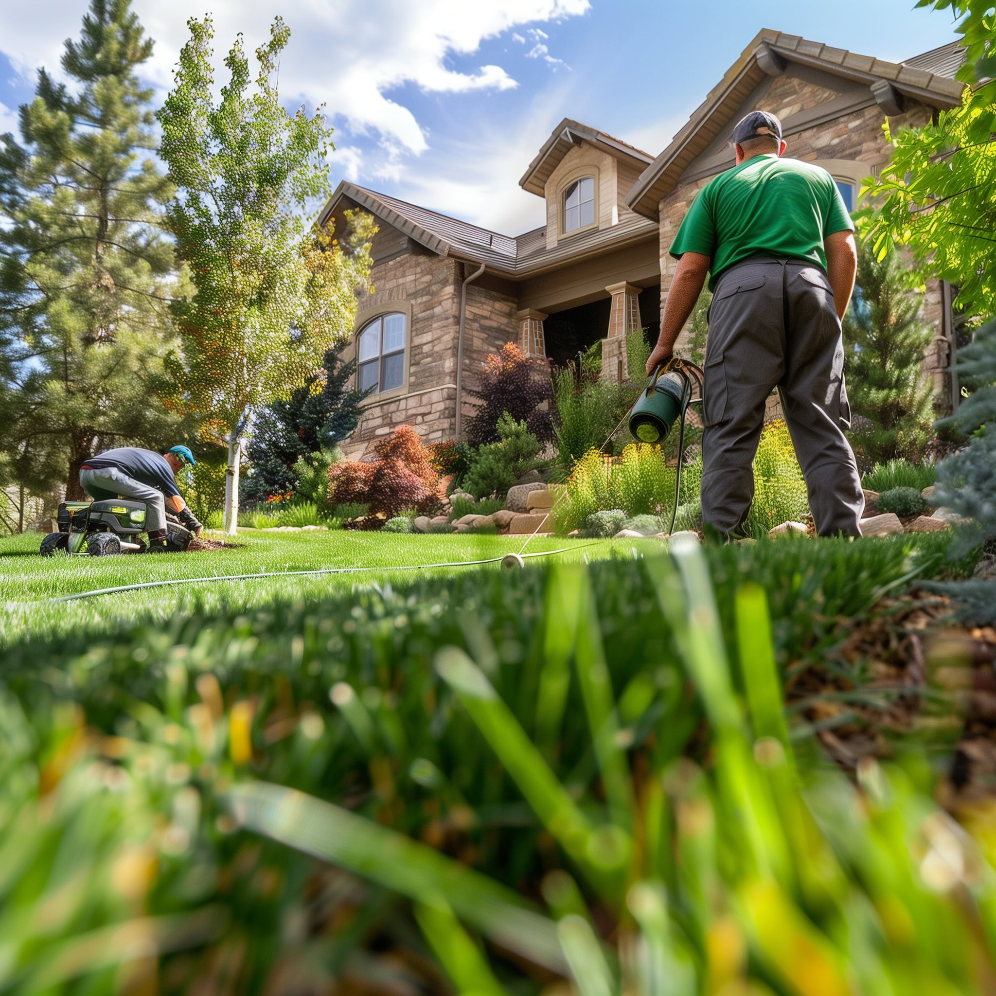 professional landscaping team watering plants, working on the lawn near a modern house with a beautiful landscape design