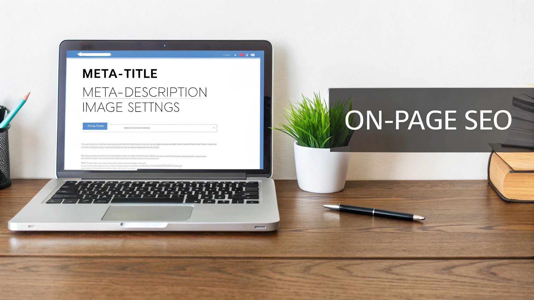 Laptop toont on-page SEO instellingen zoals meta-titel en meta-omschrijving, met een bord 'ON-PAGE SEO' op het bureau.