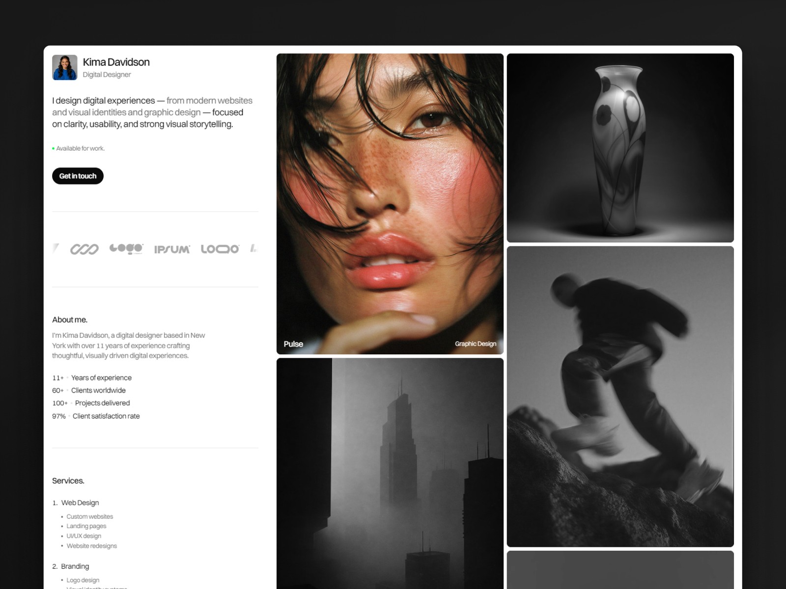 Kima — 黑白极简现代作品集网站设计灵感