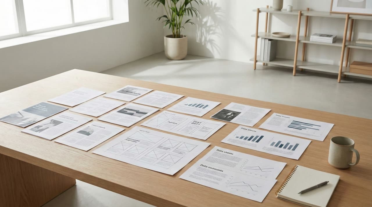 Conference room with a large wooden table covered in various documents and charts. A notebook, pen, and mug rest on one side. Sunlight filters through a window, creating a calm and professional atmosphere.
