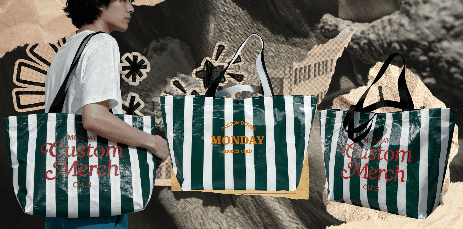 Green and white striped custom branded tote bags with printed Monday Custom Merch designs in multiple sizes.