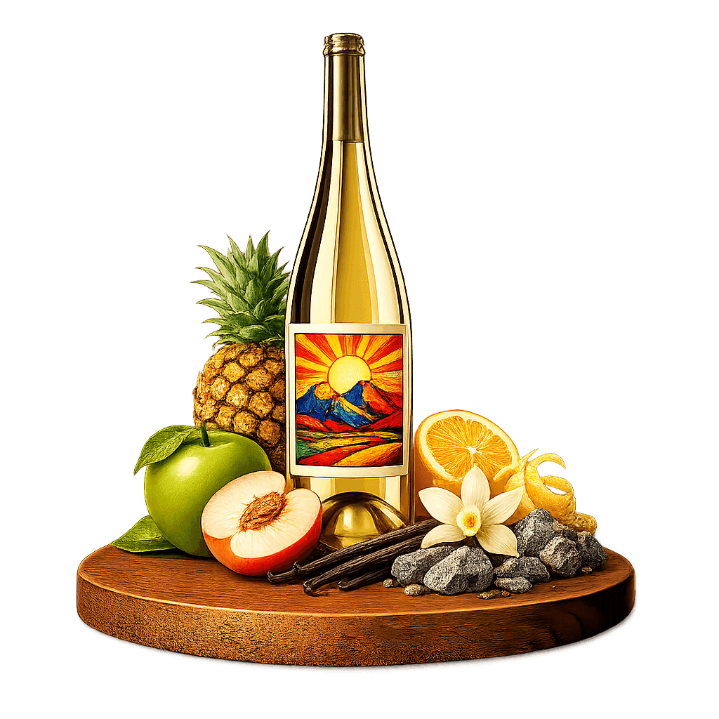 Artistic label and flavor profile for Argentinian Chardonnay on a rustic wooden table.