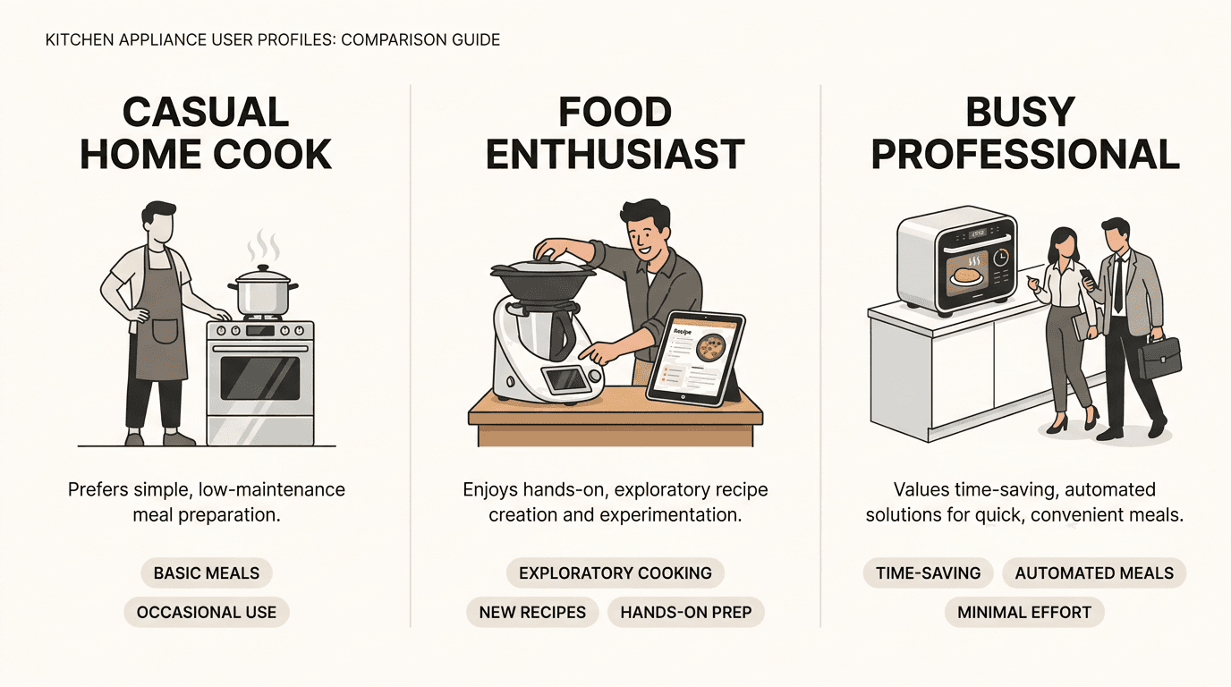 Comparison infographic of three self cooking pot user profiles side by side