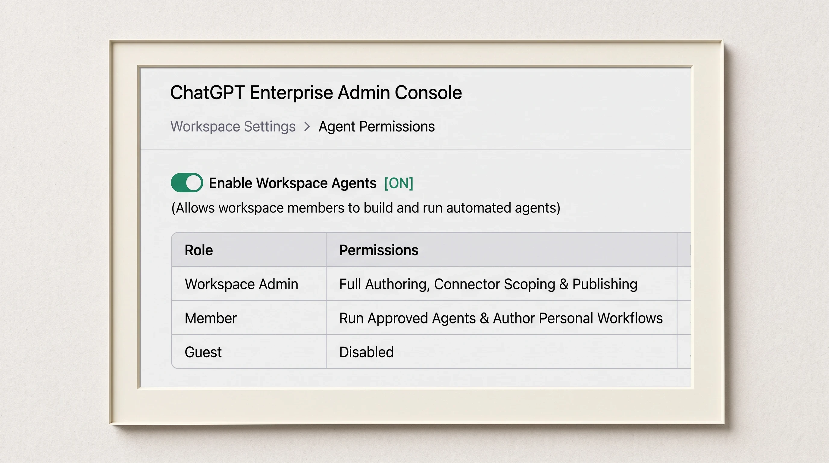 Teaching reconstruction of ChatGPT Enterprise Admin Console with Workspace Agent enablement toggle and RBAC settings