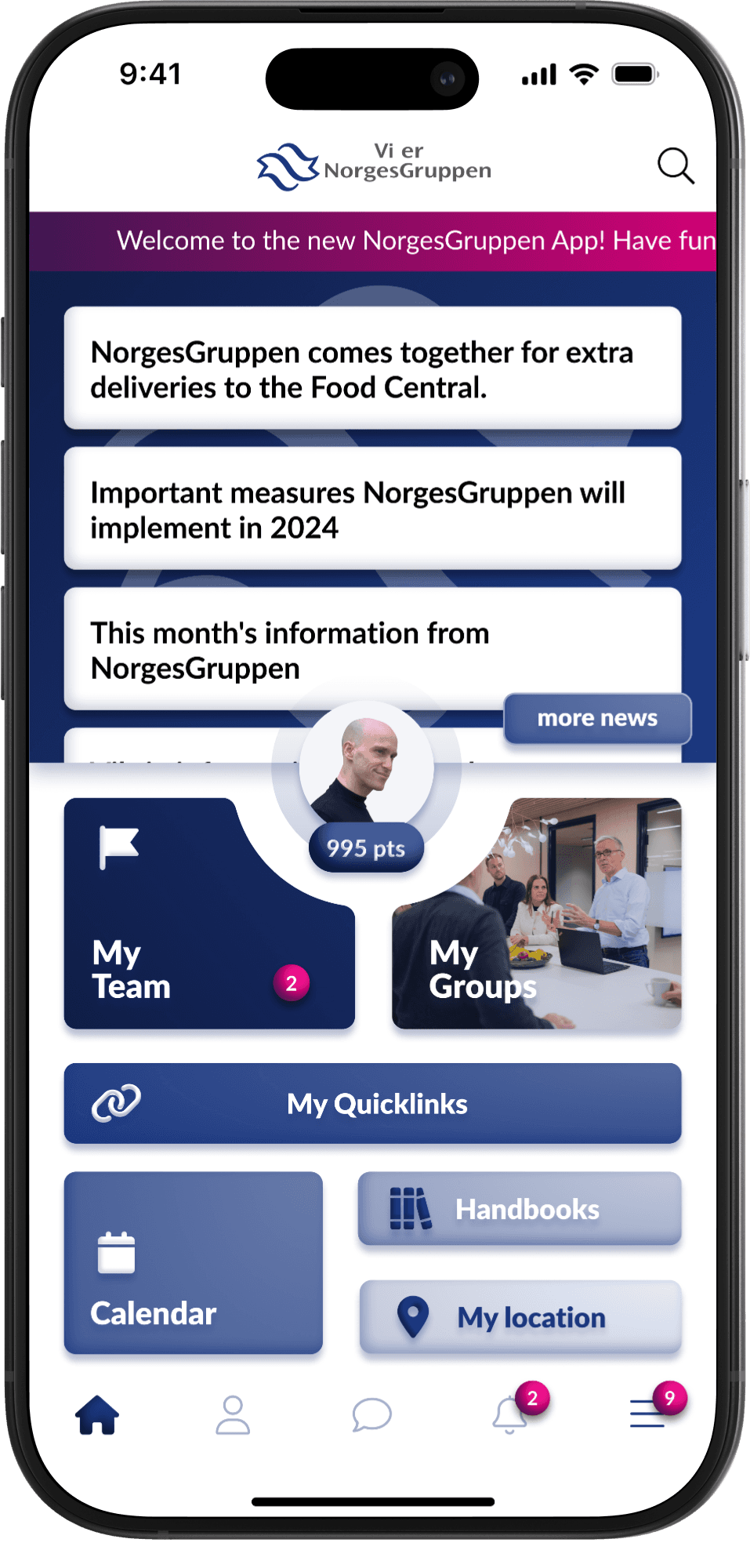 Mobile app interface showing the NorgesGruppen internal app home screen with news, navigation, and user profile features.