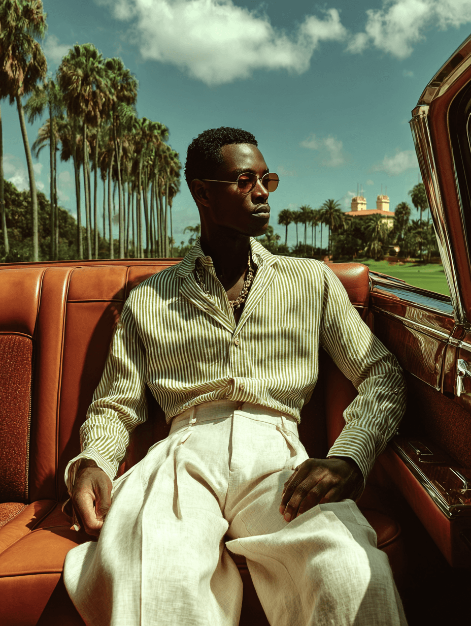Stylish man in sunglasses in a classic car.