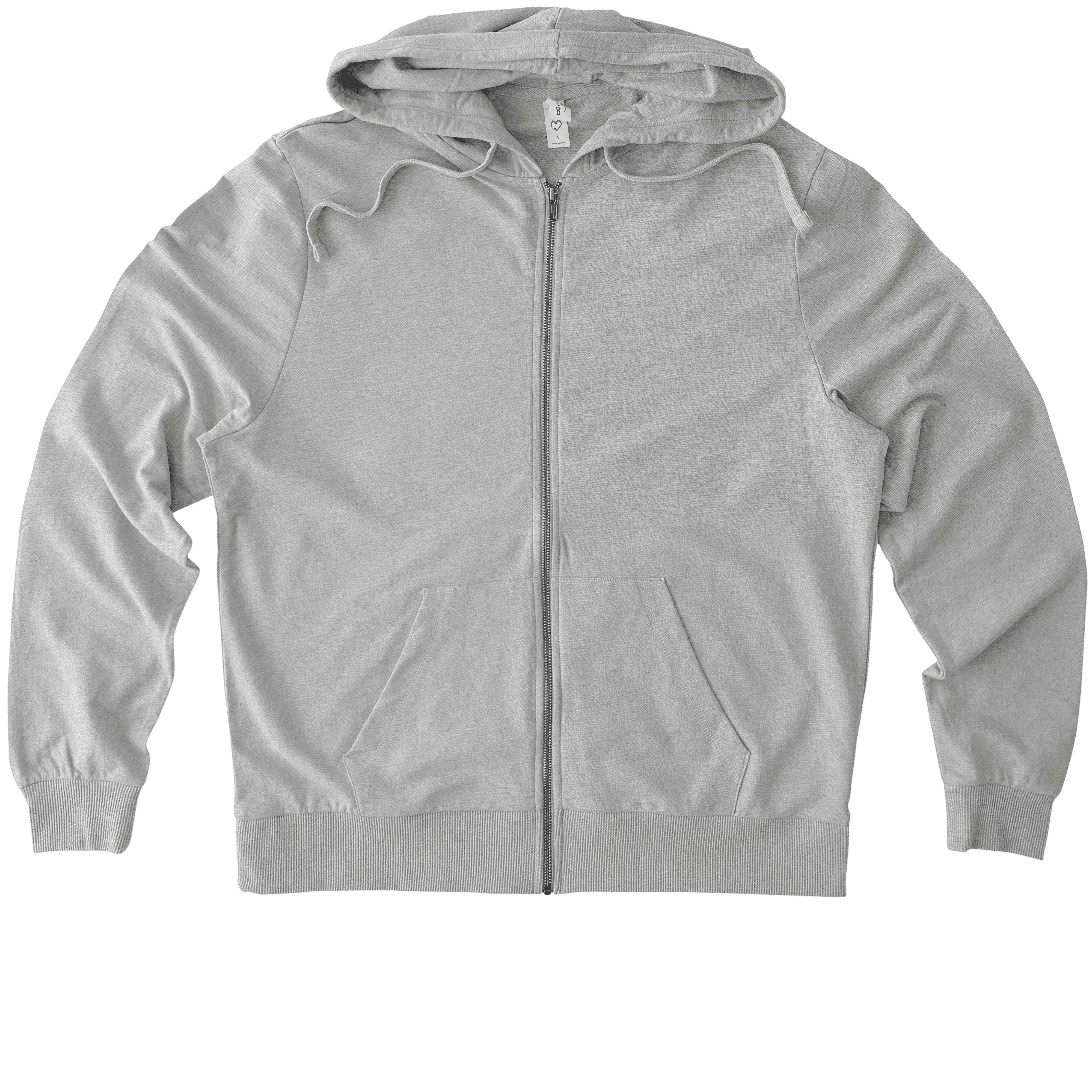 A heather gray zip-up hoodie.