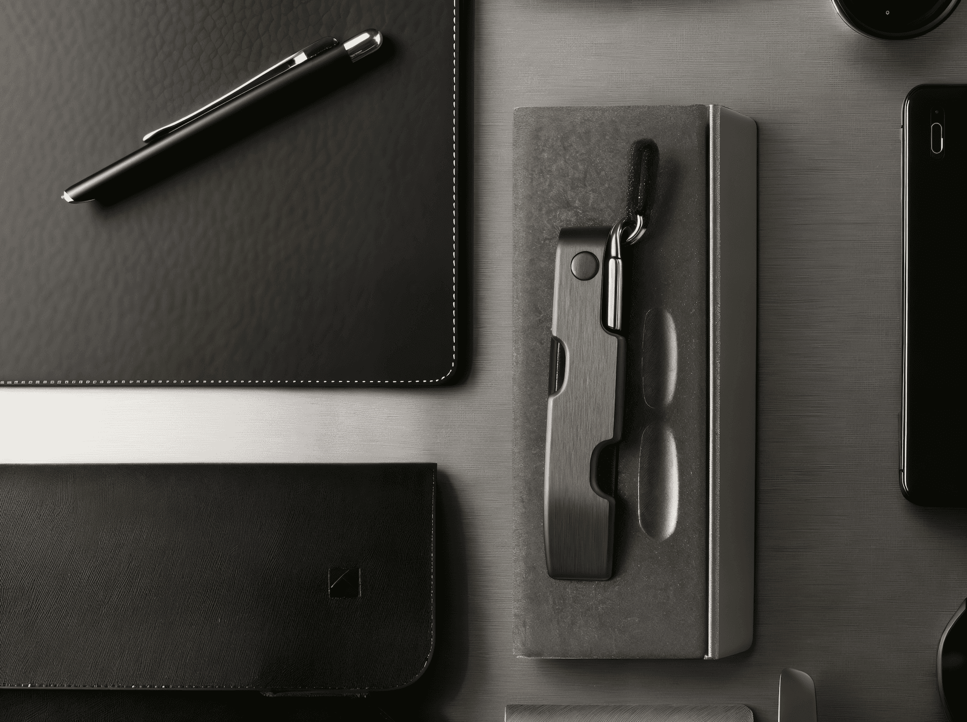 desktop overhead view of edc tools