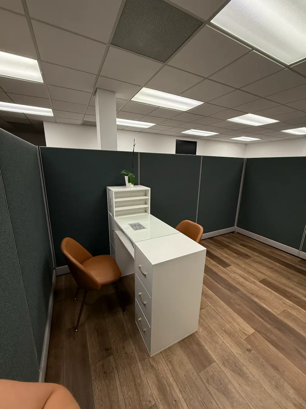 Therapy room with adjustable bed and soft wall sconces