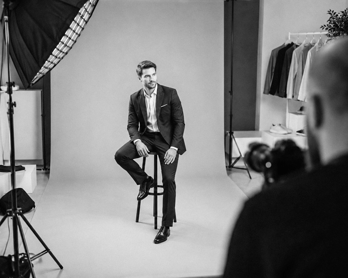 Professional business portrait photoshoot in a minimalist studio with soft lighting and photographer in the foreground.