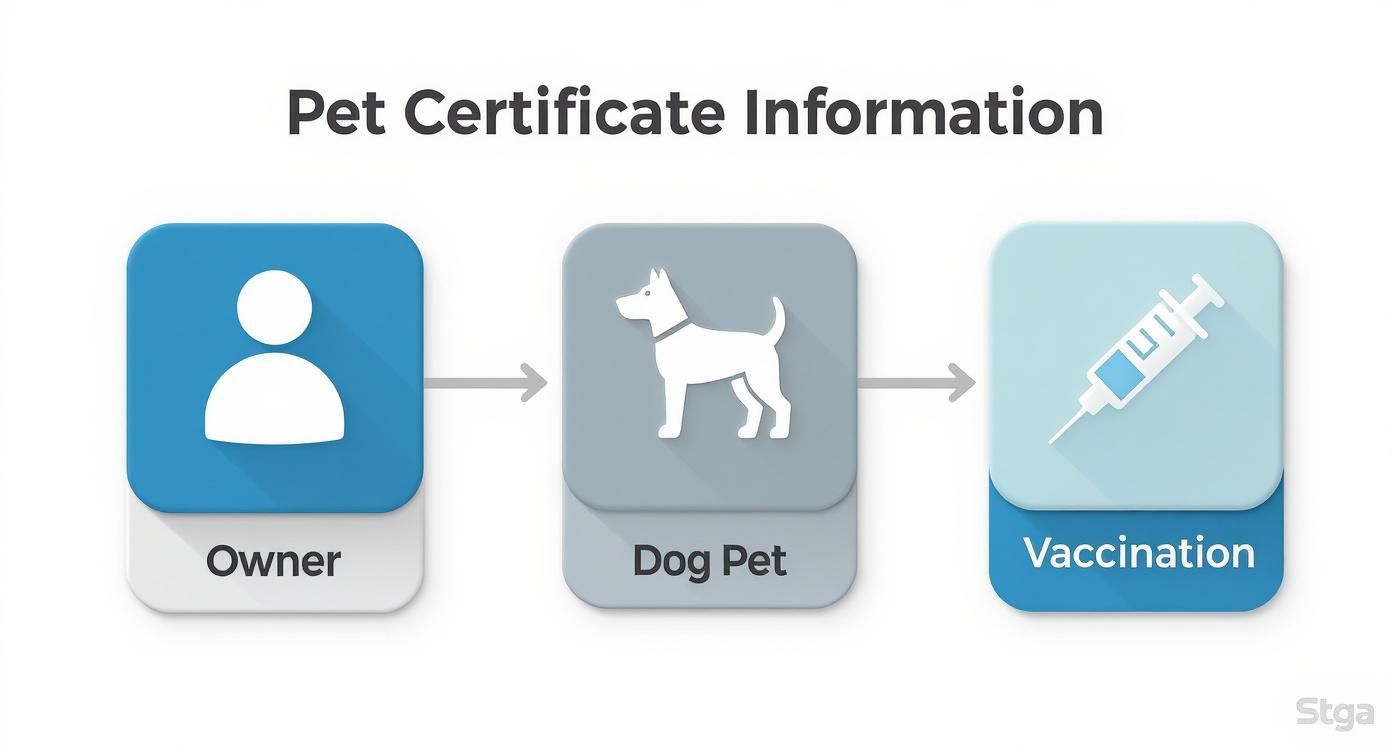 Infographic showing the process flow for a pet certificate of health, with icons for the owner, pet, and vaccinations.