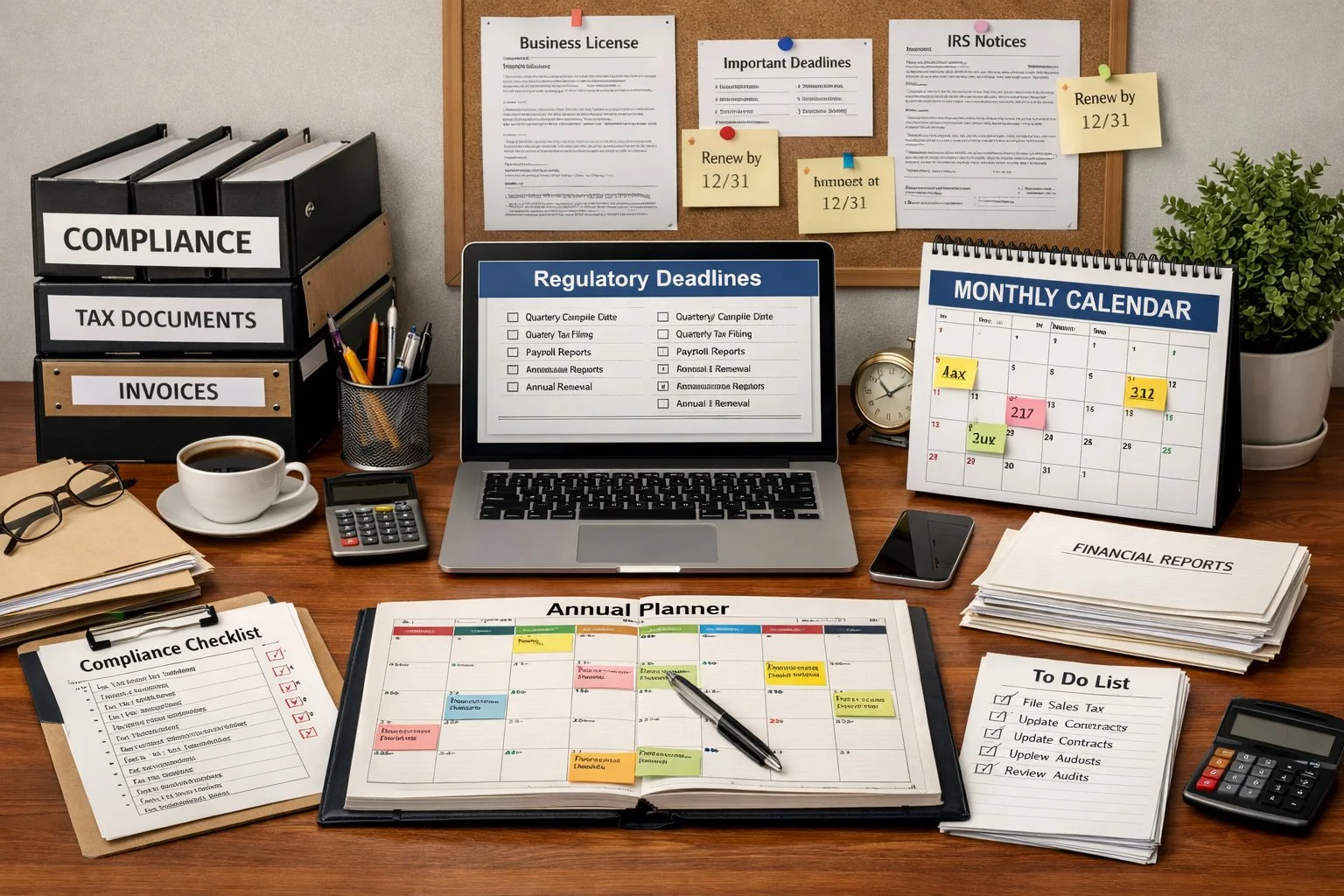 Small business desk with organized records, calendars, and planning tools, representing proactive compliance and business organization.