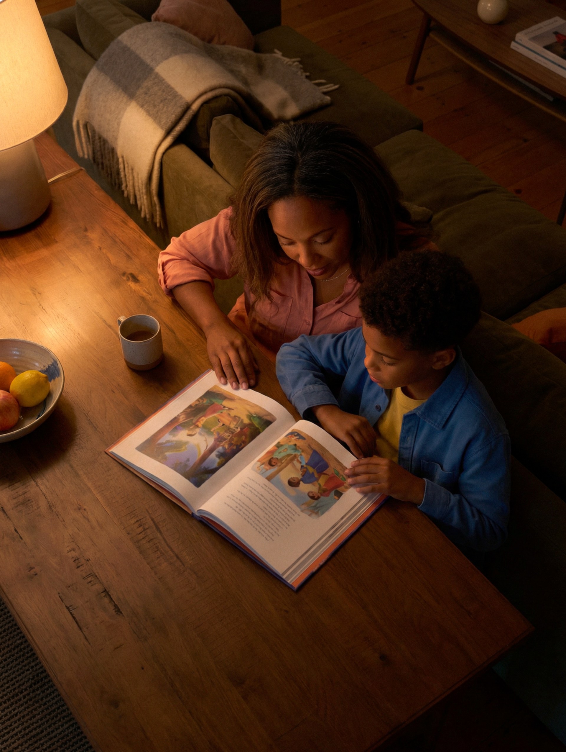 Mother and child reading a picture book at a wooden table