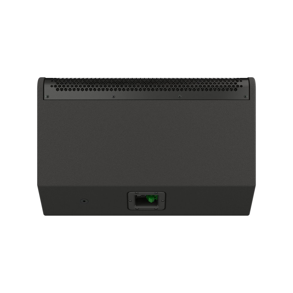 Black speaker box with a perforated grille and connector.