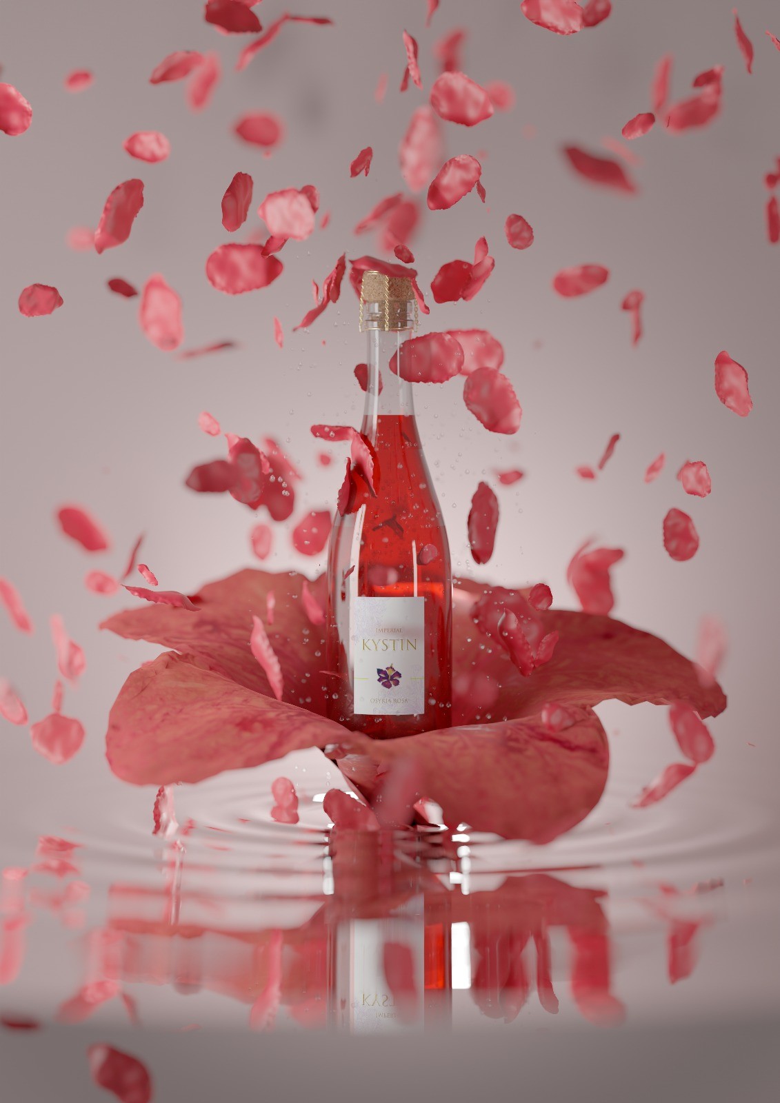 Bouteille de Kystin posé sur une fleur au milieu d'un laque sur lequel tombe une pluie de pétales