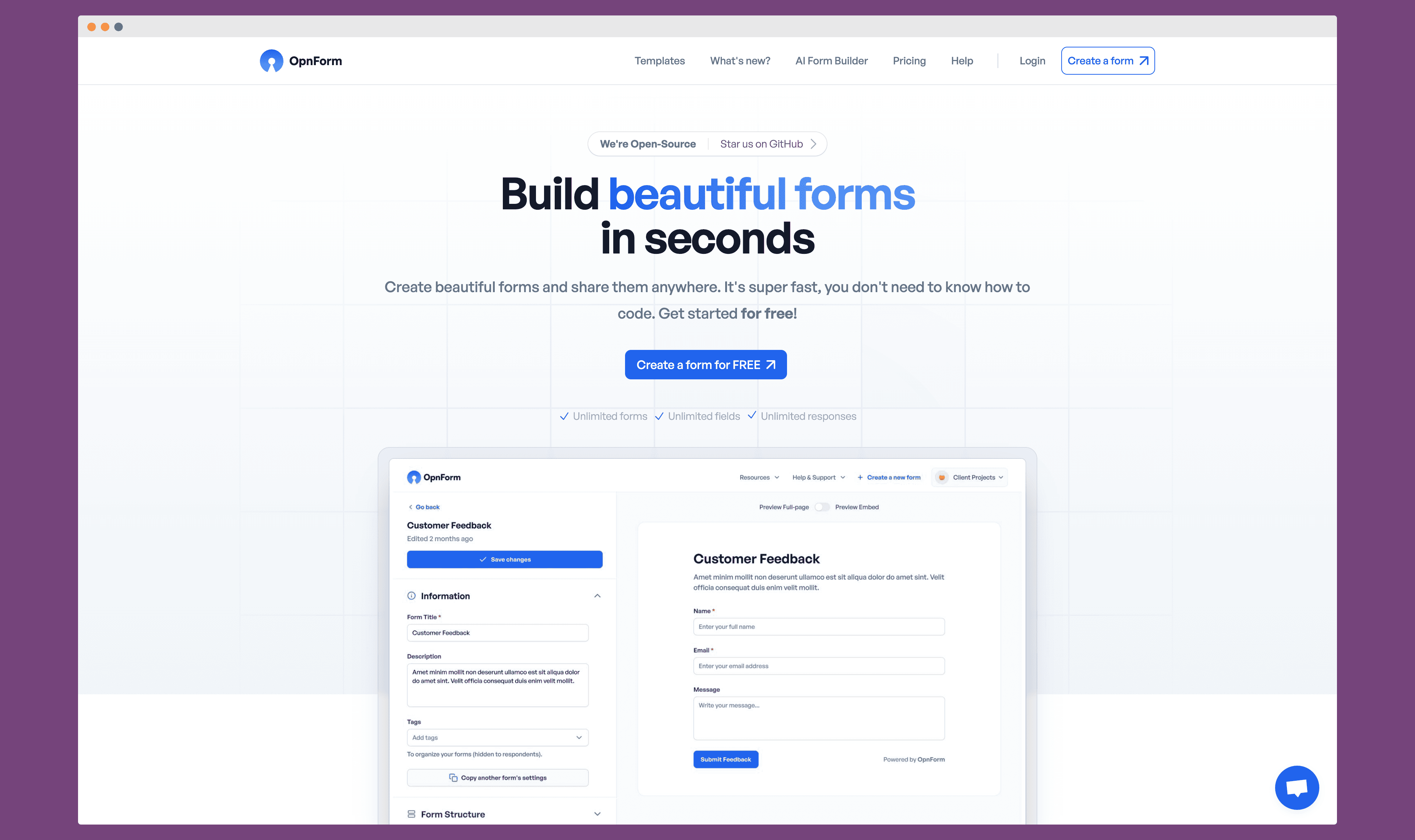 a screenshot of opnform landing page